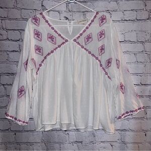 Luna Moon Anthropologie Boho Baby Doll Blouse Size Medium Embroidered‎ Detail